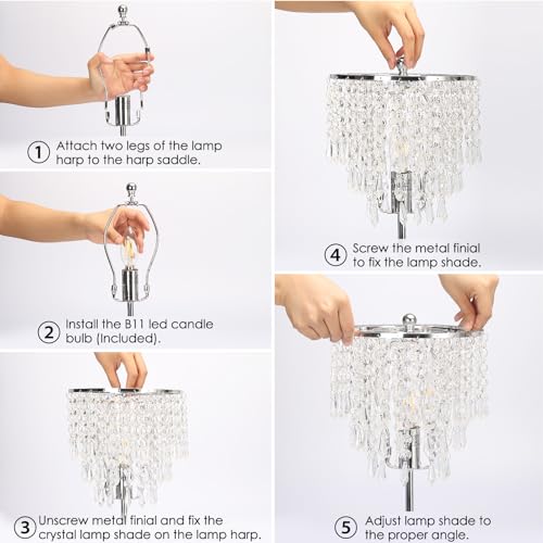 Seaside Village Silver Touch Control Crystal Table Lamp with USB C+A Ports, 3-Way Dimmable Nightstand Lamp, Includes B11 LED Bulb