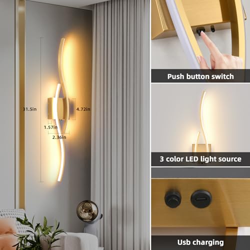 Battery Powered Wall Sconces Set of 2 - Gold 31.4 Inch LED Dimmable Wall Lamps with Remote & Timer