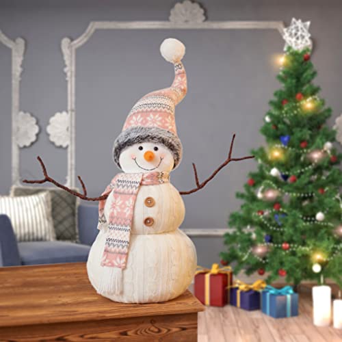 WORLDECO Pink Hat Snowman 27.5in Christmas Animated Plush Decor, Indoor Holiday Ornament