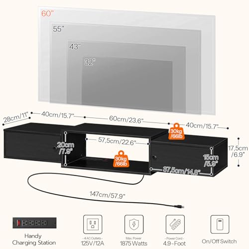 HOOBRO 55-Inch Black Floating TV Stand with Power Outlets Wall Mount Modern Media Console