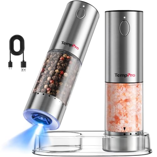 Rechargeable Electric Salt and Pepper Mill Set - Silver, 6 Coarseness Settings, Large Capacity