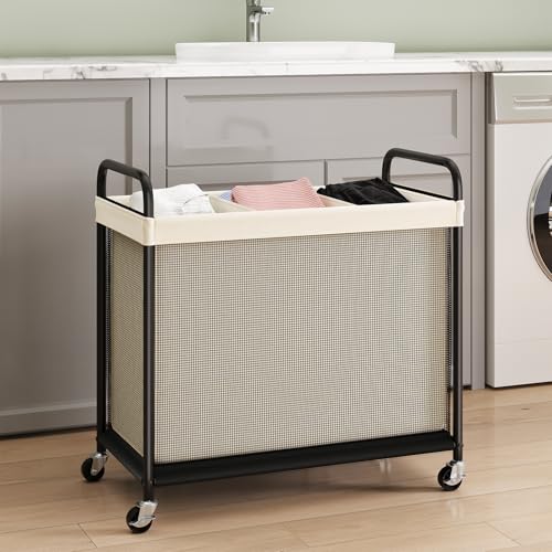 ELYKEN 3-Section Laundry Hamper with Removable Liner - Beige 120L Rolling Sorter