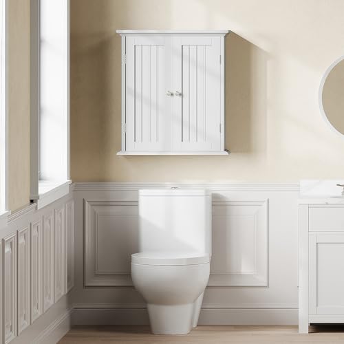 White Over The Toilet Bathroom Wall Cabinet with 2 Doors, 8.8"D x 21.1"W x 24"H