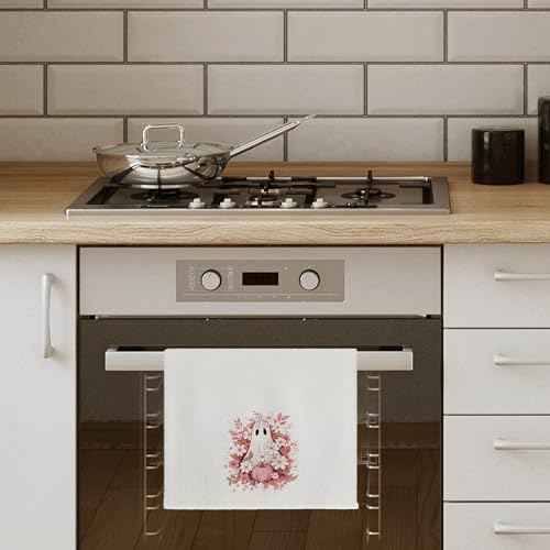 Pink Fall Floral Ghost Halloween Kitchen Towels, Pink Halloween Decor Decorative Dish Tea Hand Towels for Kitchen, Cute Ghost Decor, 16x24 Inch