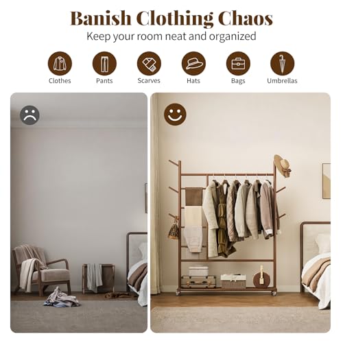 Yoobure Walnut Solid Wood 4-in-1 Clothes Rack with Wheels & Storage