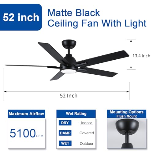 52 Inch Downrod Ceiling Fan with Light & Remote - Black, Reversible DC Motor, 3 Color Temps
