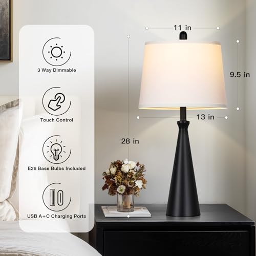 Black 28-Inch Touch-Control Table Lamps Set of 2 with USB Ports - Modern Bedside & Living Room Lighting