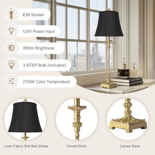 33-Inch Vintage Table Lamp Set of 2 - Gold Leaf Finish with Black Linen Shades — Elegant European Style for Living Room Bedroom