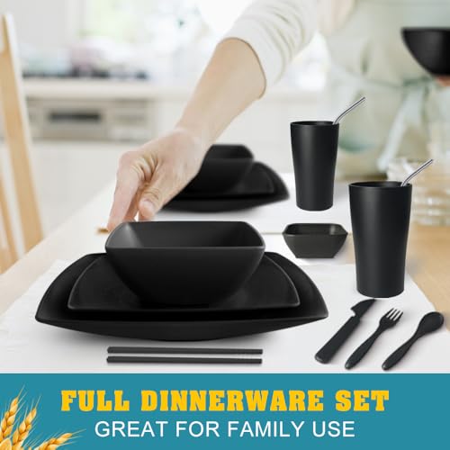 Black 88-Piece Square Dinnerware & Flatware Set for 8 - Wheat Straw & Plastic