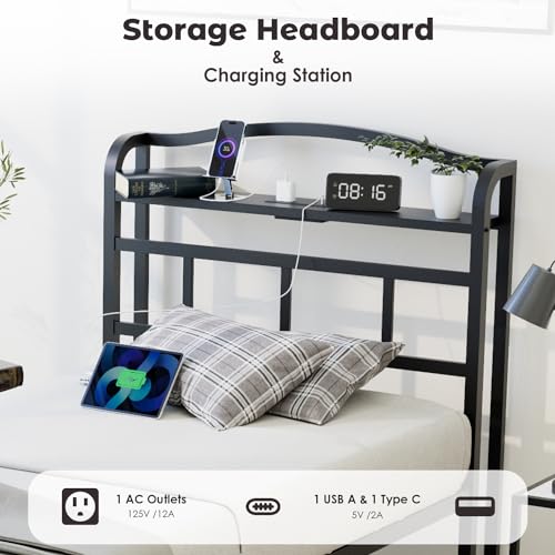 Twin Bed Frame with Storage Headboard and Charging Station - 18 Inch Black, Easy Assembly