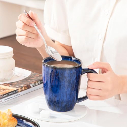 Blue Ceramic Coffee Mug Set of 6 - 16 Oz Tea Cups with Handle, Microwave & Dishwasher Safe