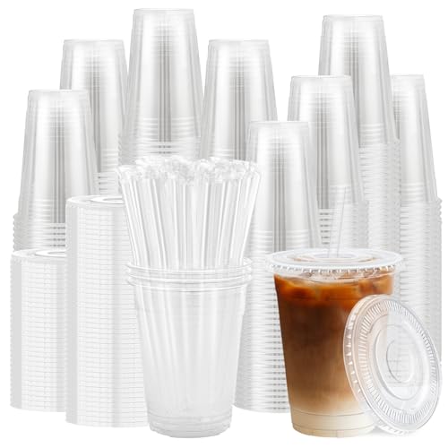 16 oz Plastic Cups with Lids and Straws - 500 Pack Clear Disposable Drinkware