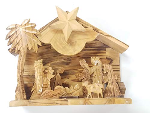 Bethlehem Gifts TM 6" Carved Bethlehem Olive Wood Nativity Set with Music Stable & Glued Figurines - Christmas Scene