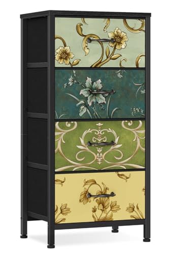 Furnulem 4 Drawer Dresser - Vintage Fabric Nightstand with Wooden Top - 11.8 x 15.8 x 31.5 Inches