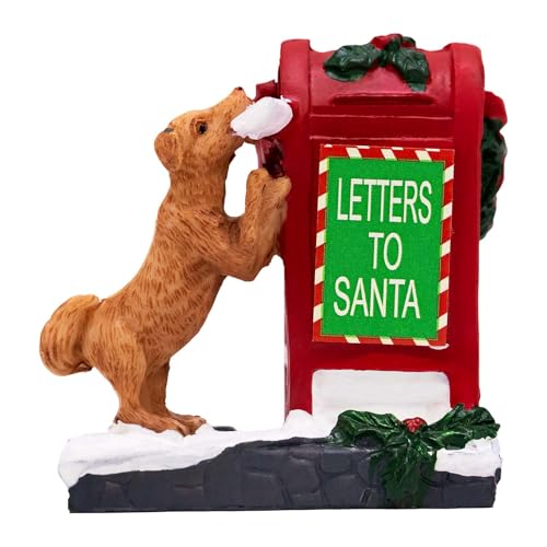 Decorative Christmas Village Accessories for Collection, Resin Mailbox Dog Animal Ornament, 2.4 Inch Christmas Village Figurines, Cute Doggy Statues Decor Indoor (Red)
