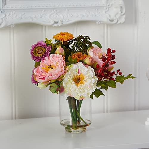 Artificial Peony Arrangement in Glass Vase - 10 Inch Assorted Blooms, Decorative Faux Flower