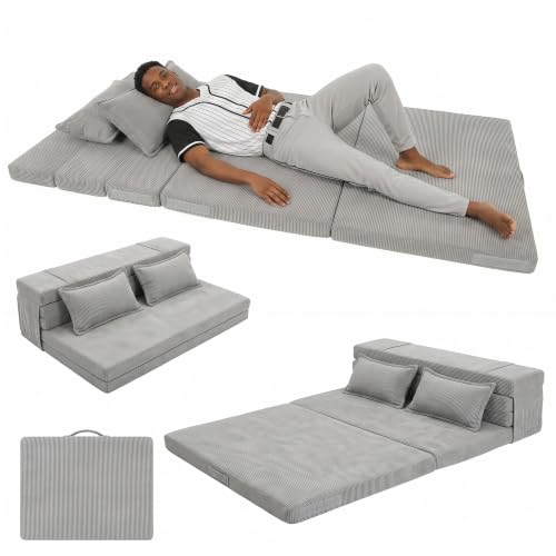 Anevna Charcoal Gray Full Tri-Fold Futon Mattress | Foldable Floor Bed & Lounge