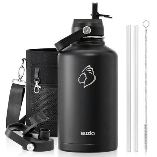 Insulated Stainless Steel Water Bottle 64 oz with Dust-Proof Lids - Black