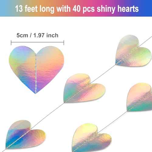 52 Feet Love-Heart Garland Shiny Iridescent Heart Streamers Holographic Paper Garland for Valentines Day Birthday Wedding Engagement Bridal Shower Bachelorette Winter Christmas Decoration