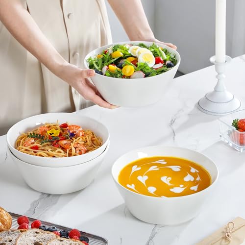 Large Salad Soup Bowls Set of 4 - 60oz White Ceramic Bowls, Family Serving