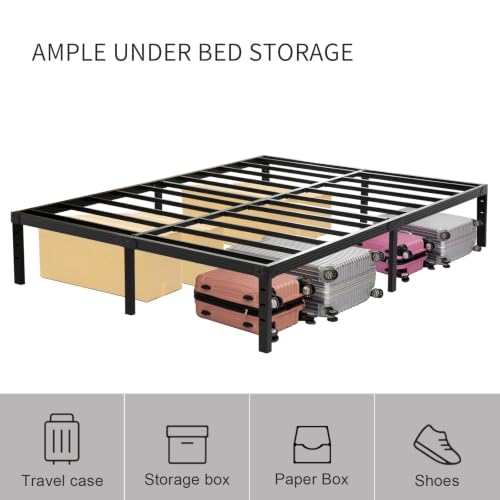 Wulanos Queen Size Heavy Duty Metal Bed Frame 14 Inch Platform with Steel Slats Support, Noise-Free & Ample Storage