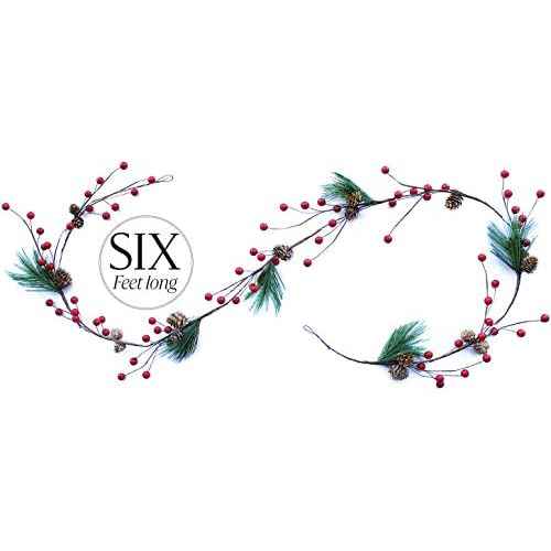 Winter Garland Christmas Decoration of Red Berries, Pine Cones & Evergreen Pine Needle ? Unlit Holiday Berry D?cor for Home, Kitchen, Bar & Fireplace & Decorative Outdoor Greenery 6 Ft Long Clearance