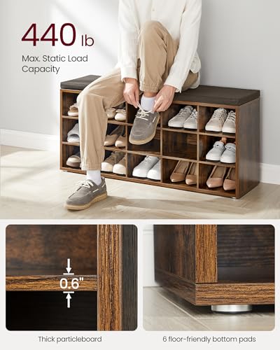 VASAGLE Rustic Brown & Chestnut Shoe Bench with 15 Cubbies & Removable Cushion