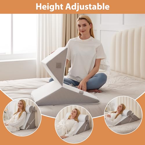 BIEEZZK Adjustable Wedge Pillow Set for Post-Surgery & Acid Reflux Relief, Memory Foam Support, White/Grey