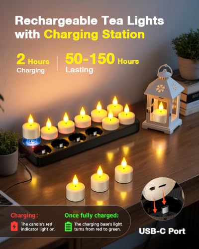 Rechargeable LED Tea Lights with Remote Control - 12 Votive Candles USB-C