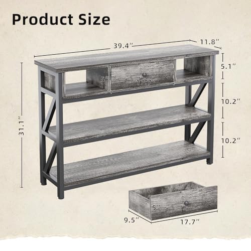 Grey Oak 39 Inch Console Sofa Table with Drawer and Shelves - Entryway & Living Room Storage