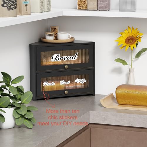 Goozii Black Corner Bread Box with Double Layer Roll-Top Design - Space-Saving Kitchen Storage