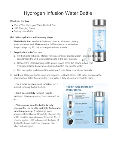 Hydrogen Water Bottle 16oz with Rapid Generator - Ionized H2 Drink Flask
