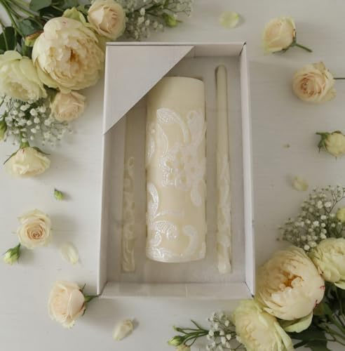 Cream Wedding Unity Candle Set with Pillar and Taper Candles - 11.5 Inch