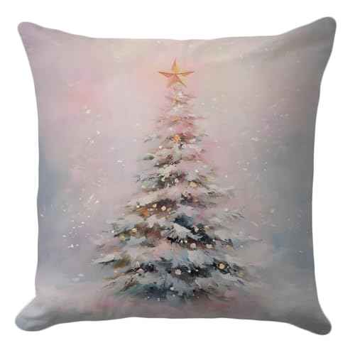 Christmas Pillow Cover 18x18 ? Pastel Pink and Blue Christmas Tree Throw Pillow ? Dreamy Holiday Decor with Gold Star for Soft Aesthetic Winter Bedroom