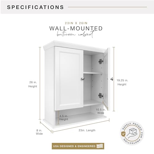 Wall Mounted Medicine Cabinet Organizer 23x26 Inches - White, 2-Door, Adjustable Shelf