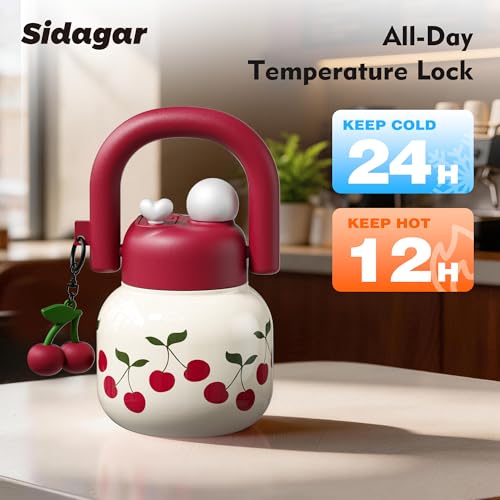 Sidagar 22 oz Insulated Stainless Steel Water Bottle - White, Cherry Design