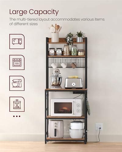 VASAGLE Rustic Brown 23.6W Bakers Rack with Power Outlet, Adjustable Shelf