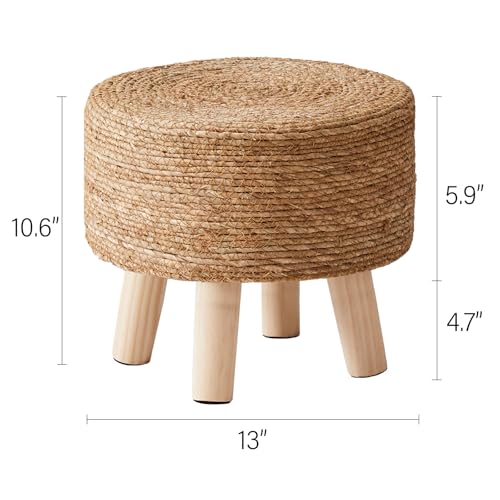 Natural Seagrass Foot Stool Pouf with Pine Legs - Handwoven Round Ottoman, Soft & Durable
