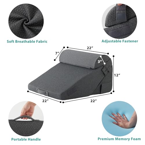 Bedluxe Adjustable Wedge Pillow Set for Post-Surgery & Support - Dark Grey, 10-in-1, Includes Head Pillow