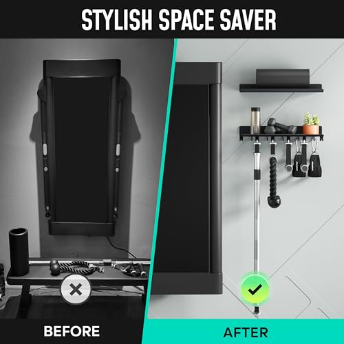 2-Tier Floating Wall Shelf for Gym Accessories with Hooks - Black