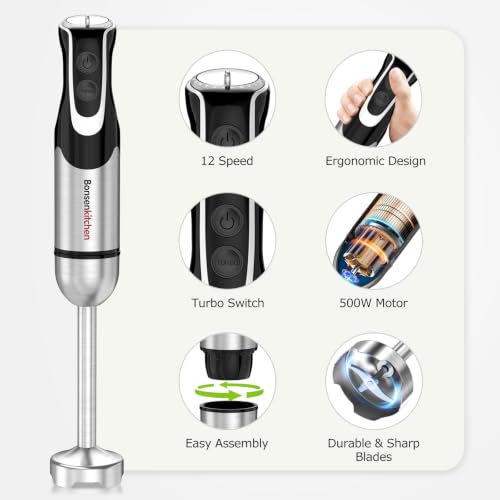 Bonsenkitchen Black 4-in-1 Immersion Blender with Food Processor, 12 Speeds