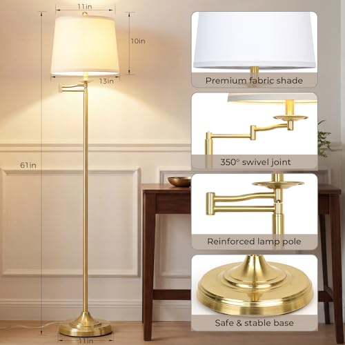 Vintage Floor Lamp with Swing Arm & 3-Way Bulb - Gold with White Shade, 61"