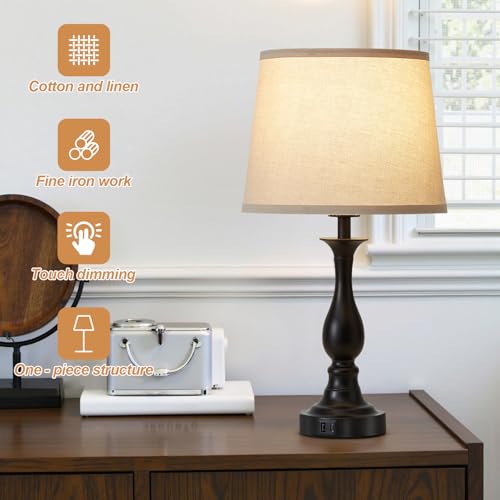 Black Touch Lamps for Nightstand Set of 2 with USB-C & USB-A Ports