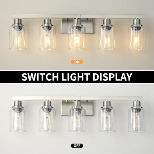 Nickel Bathroom Vanity Light 5-Light Modern Wall Sconce with Clear Glass Shades — Ideal for Mirror, Bedroom, Living Room - Variation of Nickel / 5-Light