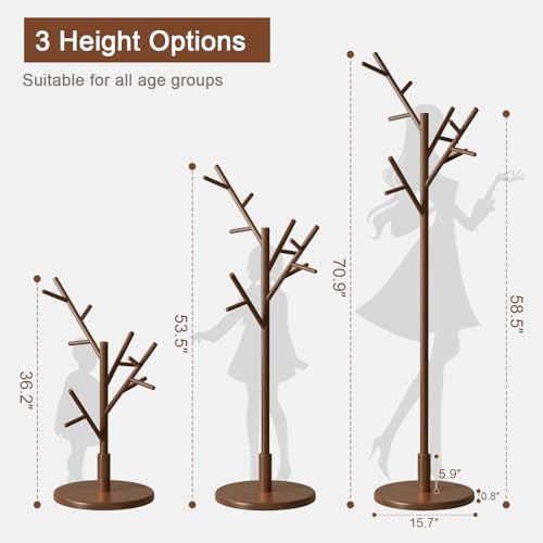 Muwuele Walnut Coat Rack Tree with 12 Hooks, Adjustable Height Freestanding Organizer