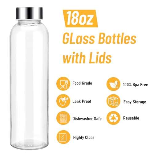 Clear Glass Water Bottles Set - 12 Pack 18 oz Reusable Juicing Bottles with Leak-Proof Stainless Steel Lids - Eco-Friendly BPA Free