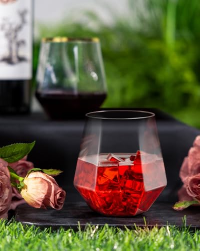 Clear Plastic Diamond Stemless Wine & Whiskey Glasses 40 pcs - Unbreakable Drinkware