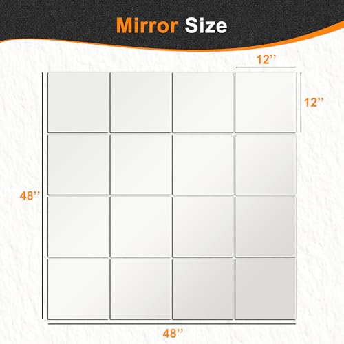 Frameless 12x12 Inch Glass Mirror Tiles - 16 Pack Home Gym Wall Decor