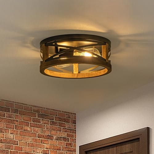 Lzglyptics Black Farmhouse Ceiling Light 2-Light Round Flush Mount Fixture