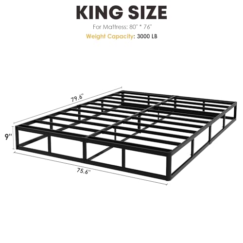 King Size Box Spring 9 Inch Heavy Duty Metal Mattress Foundation with Fabric Cover - Easy Assembly, 3000 lbs Capacity
